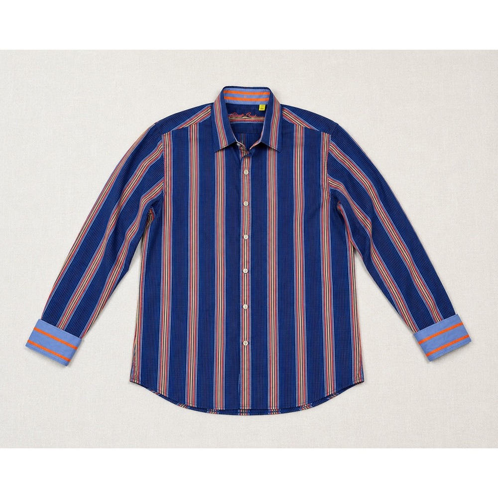 Robert Graham Tailored Fit XL Blue Striped Button Down Shirt Paisley Cuffs Mens
